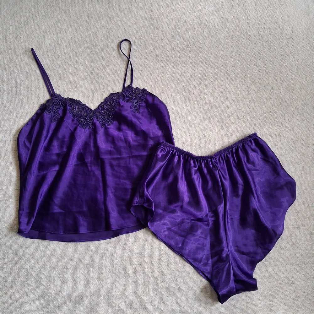 victoria's secret vintage gold label purple satin cami shorts lingerie set small